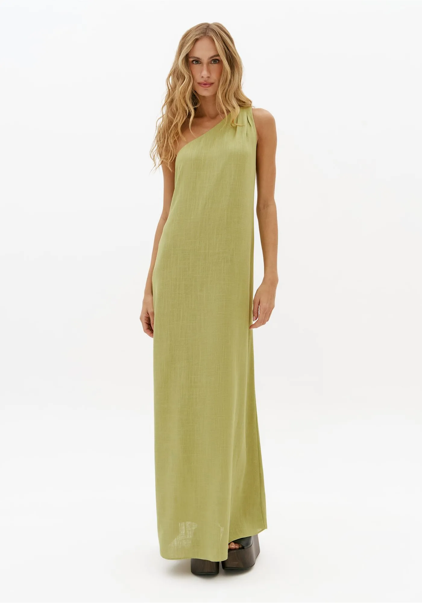 VESTIDO LONGO OMBRO UNICO COM LINHO